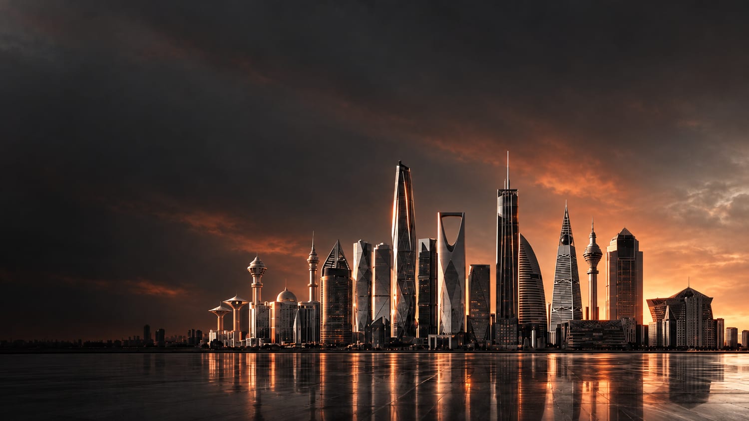 تصوّر فني لأفق مدينة الرياض عند الغروب: برج المملكة وبرج الفيصلية وبرج التلفزيون وأبراج المركز المالي تنعكس على أرضية لامعة